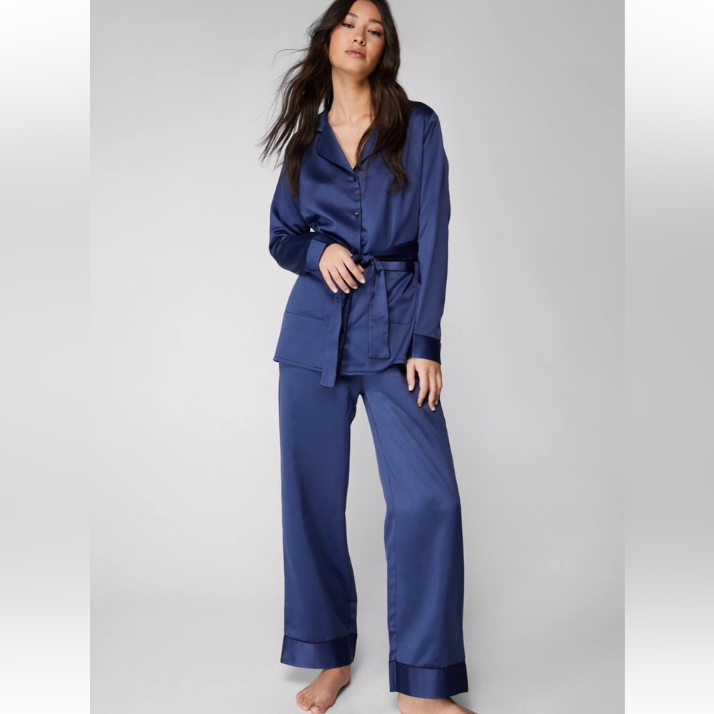 Nasty Gal Navy Satin Contrast Piping Belted Pajama Pants Set